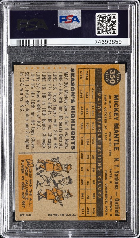 1960 TOPPS #350 MICKEY MANTLE PSA 3.5 view 2