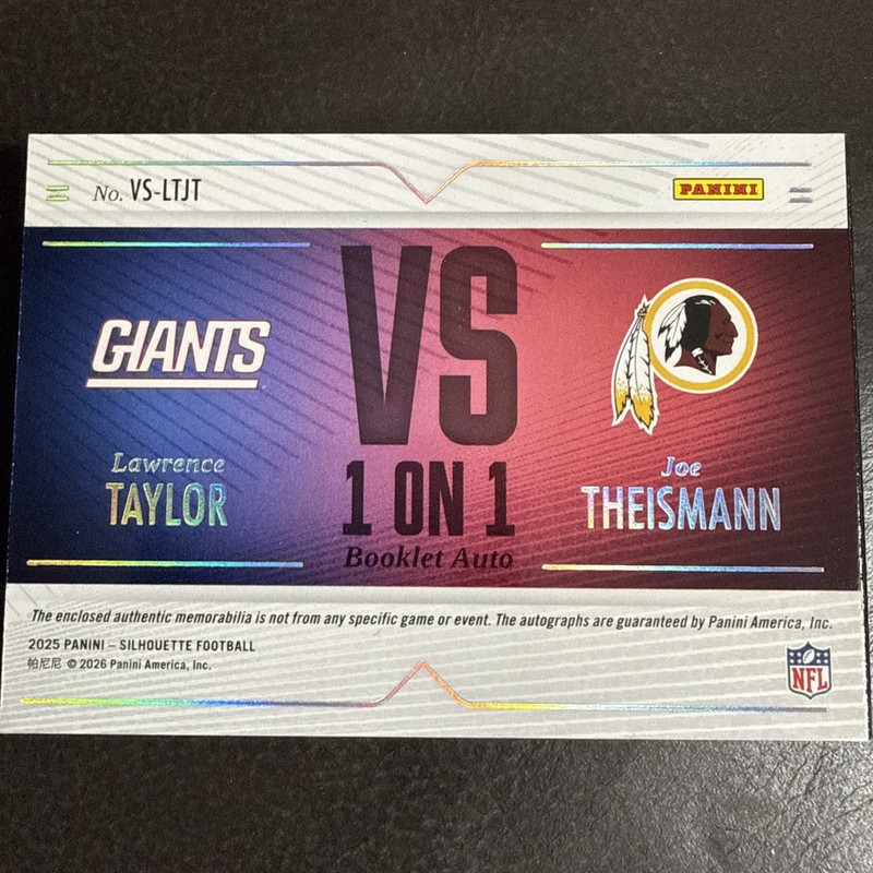 2025 Panini Silhouette Patch Auto /99 Booklet Joe Theismann Lawrence Taylor Dual view 2