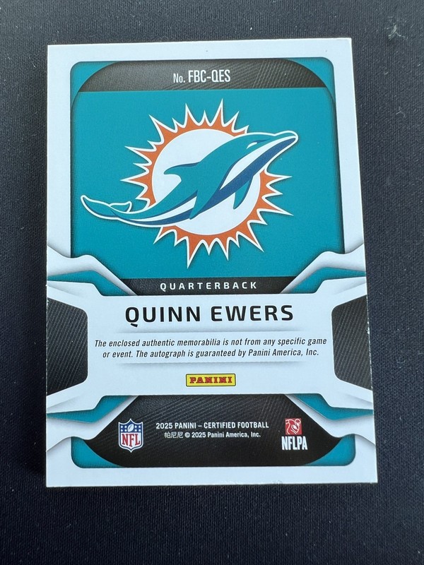 2025 Panini Certified Freshman Fabric Rookie Patch Auto Quinn Ewers Dolphins /30 view 2