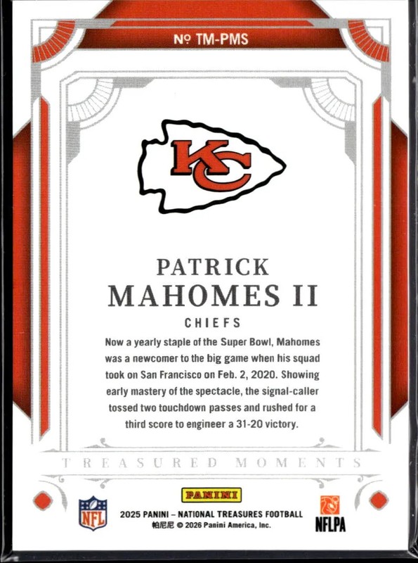 Patrick Mahomes 2025 National Treasures Treasured Moments /99 Kansas City Chiefs view 2