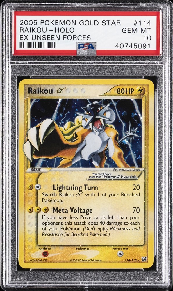 2005 POKEMON EX UNSEEN FORCES GOLD STAR #114 RAIKOU-HOLO PSA 10