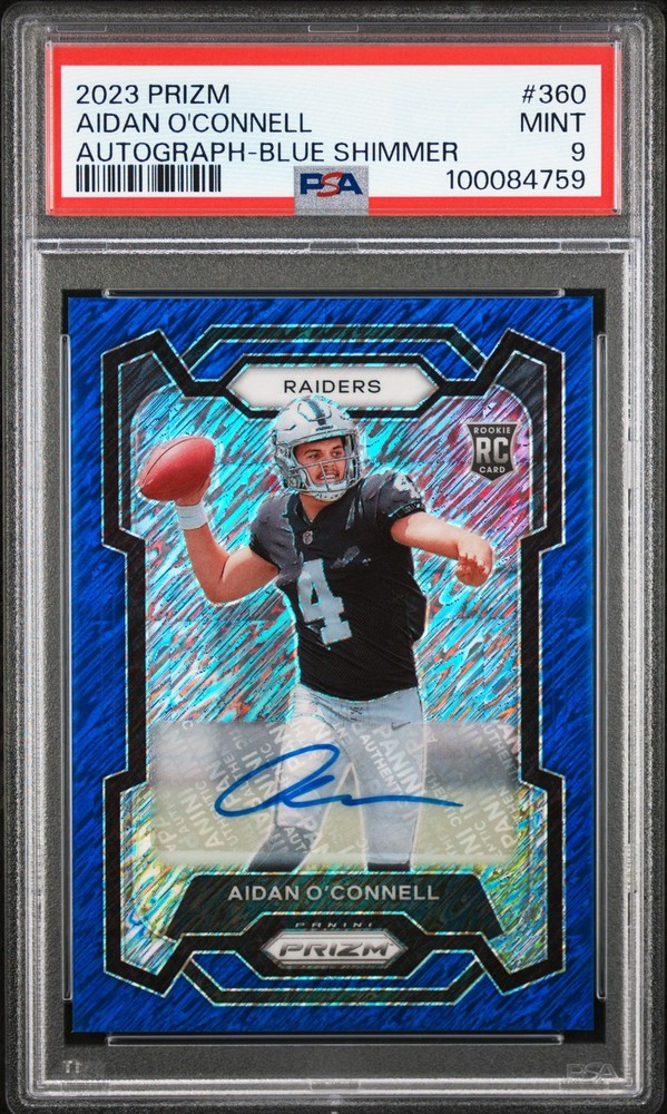 2023 PANINI PRIZM AUTO-BLUE SHIMMER #360 AIDAN O'CONNELL ROOKIE RC /25 PSA 9