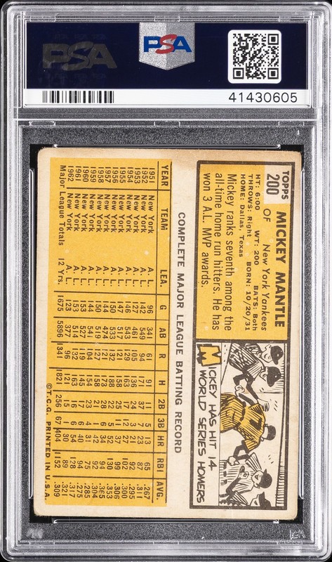 1963 TOPPS #200 MICKEY MANTLE PSA 2 view 2