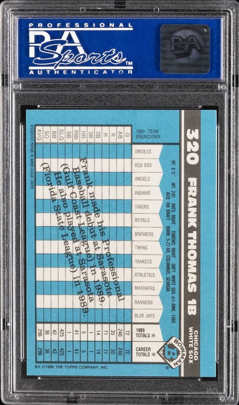 1990 BOWMAN TIFFANY #320 FRANK THOMAS PSA 9 view 2