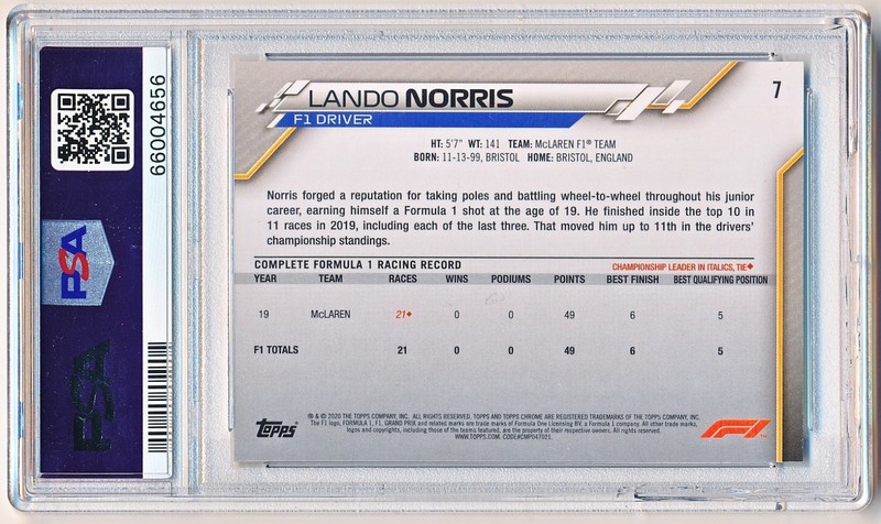 2020 Topps Chrome Sapphire F1 Lando Norris Rc #7 PSA 9 - POP 205 view 2
