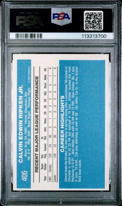 1982 DONRUSS #405 CAL RIPKEN JR. ROOKIE RC PSA 9 OC view 2