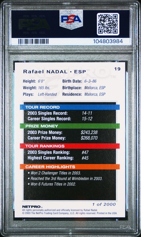 2003 NETPRO ELITE 2000 #19 RAFAEL NADAL PSA 9 view 2