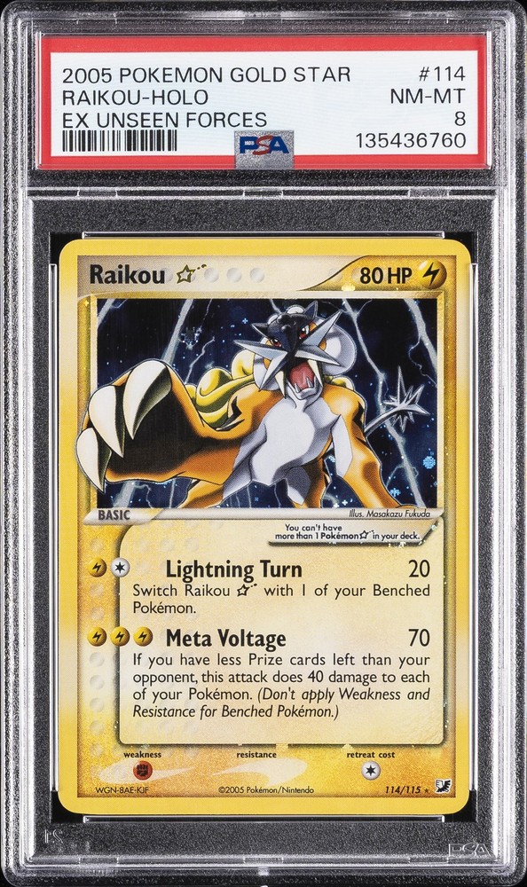 2005 POKEMON EX UNSEEN FORCES GOLD STAR #114 RAIKOU-HOLO PSA 8