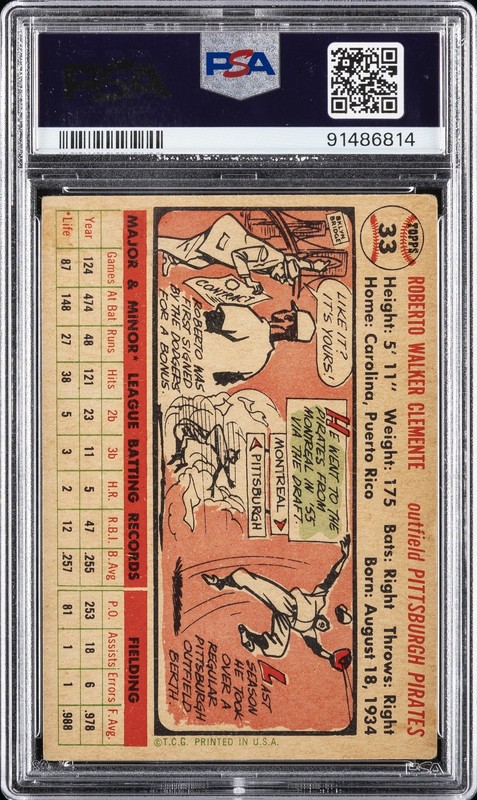1956 TOPPS WHITE BACK #33 ROBERTO CLEMENTE PSA 3 view 2