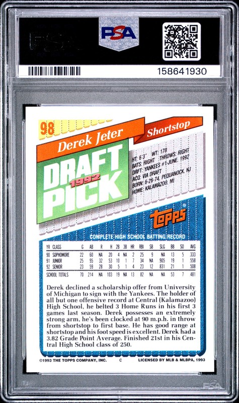 1993 TOPPS #98 DEREK JETER ROOKIE RC PSA 8 view 2