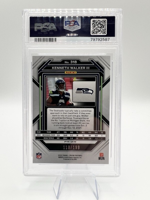 2022 Panini Prizm Rookies Kenneth Walker III #318 Blue Wave Prizm 110/199 PSA 10 view 2