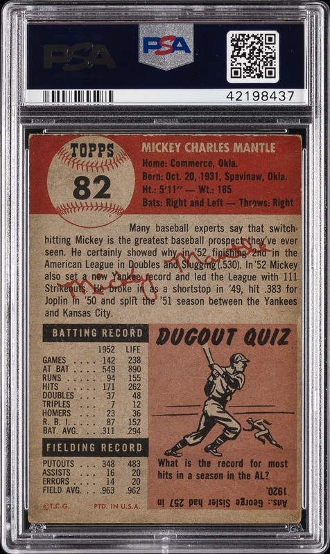 1953 TOPPS #82 MICKEY MANTLE PSA 4 view 2