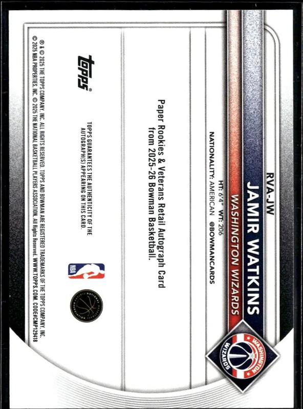 Jamir Watkins 2025 Bowman Auto Autograph RC Rookie 1/1 Washington Wizards view 2