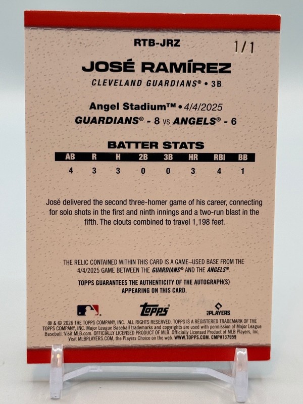 2026 Topps Series 2 José Ramírez Cleveland Guardians Auto Patch 1/1 Platinum view 2