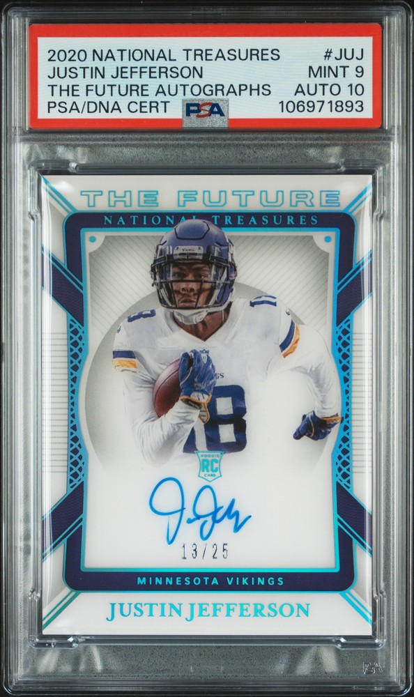 2020 NATIONAL TREASURES THE FUTURE JUSTIN JEFFERSON RC 13/25 PSA 9 DNA AUTO 10
