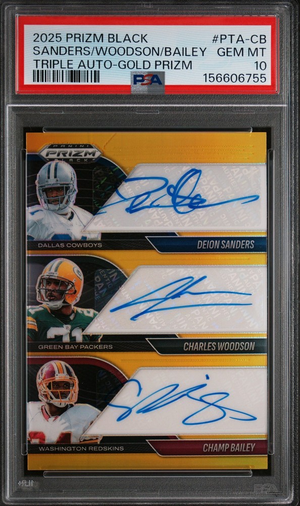 2025 PANINI GOLD PRIZM TRIPLE AUTO C.BAILEY C.WOODSON D.SANDERS 4/10 PSA 10