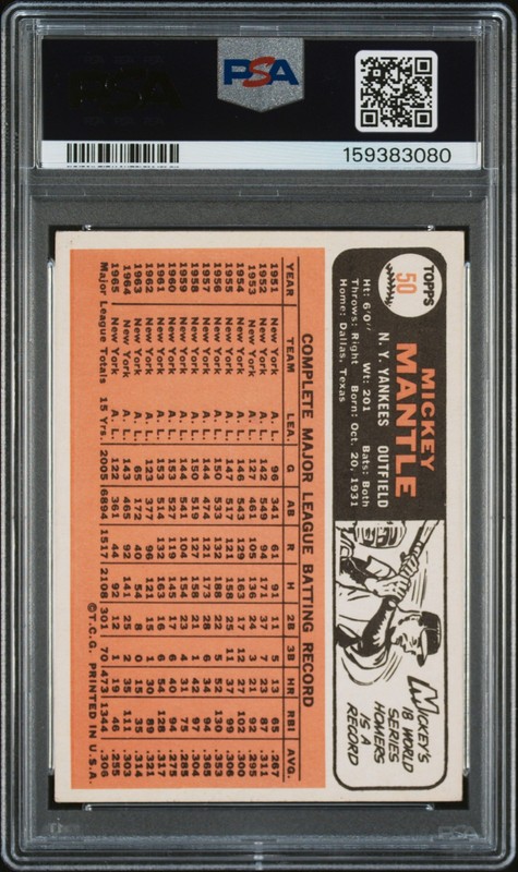 1966 TOPPS #50 MICKEY MANTLE PSA 4.5 view 2