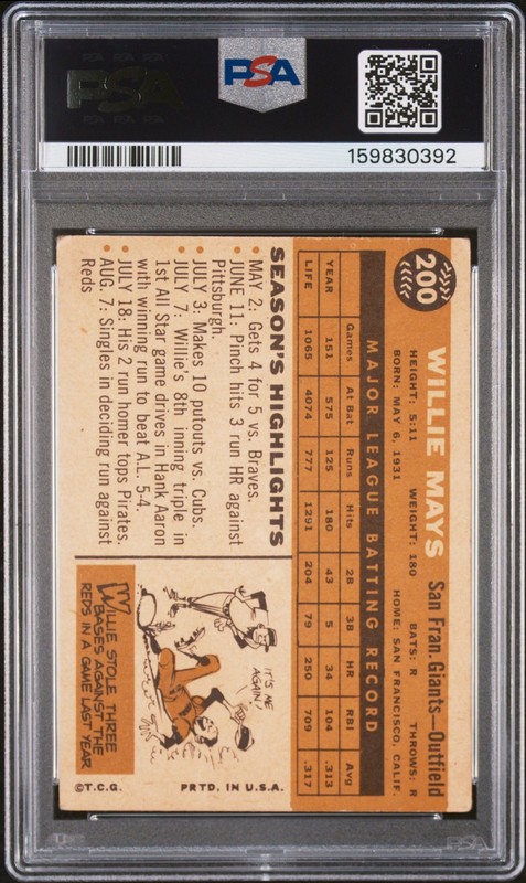 1960 TOPPS #200 WILLIE MAYS PSA 3 view 2