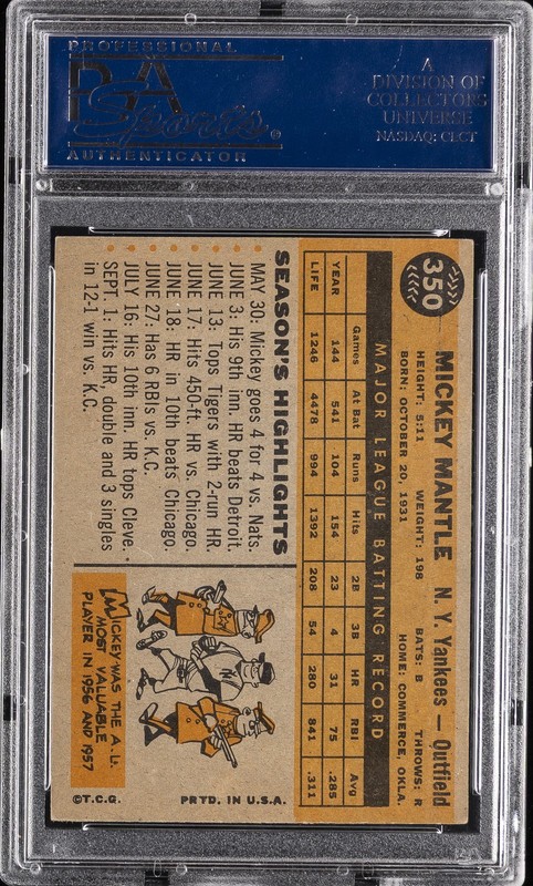 1960 TOPPS #350 MICKEY MANTLE PSA 5 view 2