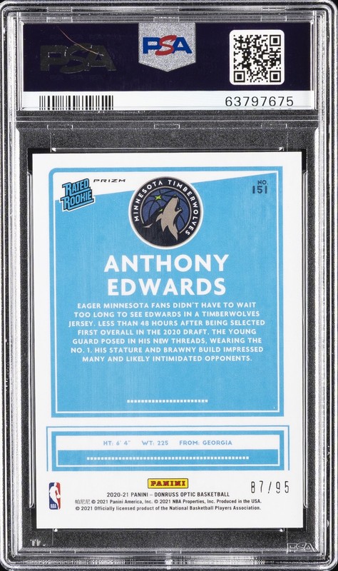 2020 PANINI DONRUSS OPTIC FAST BREAK PURPLE #151 ANTHONY EDWARDS RC /95 PSA 10 view 2