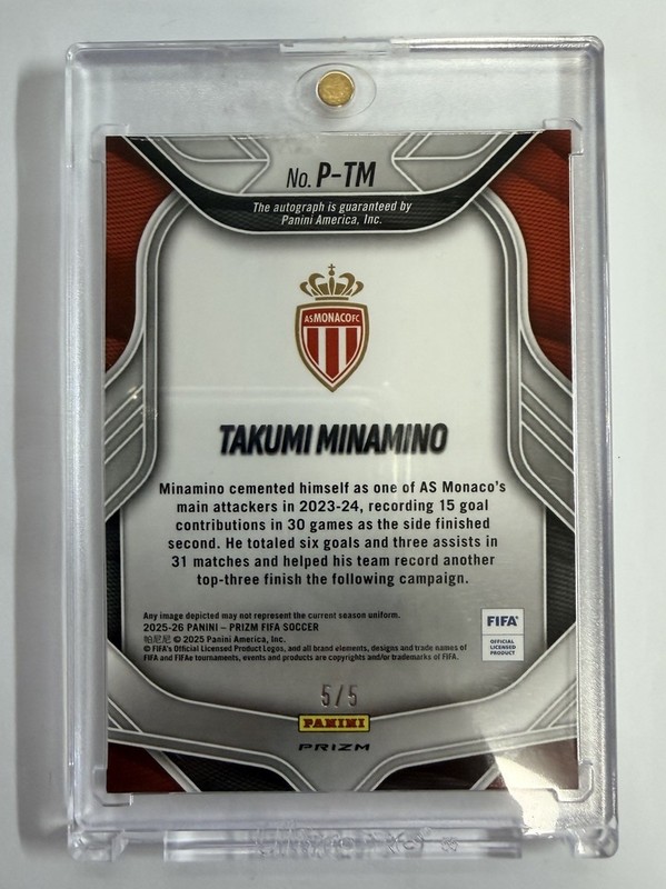 2025-26 Prizm FIFA Soccer - Takumi Manamino Penmanship Auto Choice Gold 5/5 view 2