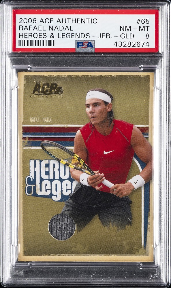2006 ACE AUTHENTIC HEROES & LEGENDS JERSEY-GOLD #65 RAFAEL NADAL #/100 PSA 8
