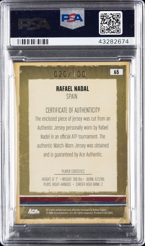 2006 ACE AUTHENTIC HEROES & LEGENDS JERSEY-GOLD #65 RAFAEL NADAL #/100 PSA 8 view 2