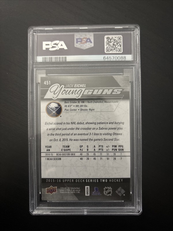 PSA Nine Jack Eichel Young Gun Rookie Card 2015-16 Upper Deck #451 Sabres view 2