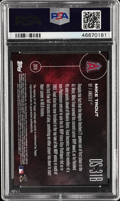 2016 TOPPS NOW OFF-SEASON AUTO #OS31B MIKE TROUT 6/99 PSA 10 view 2