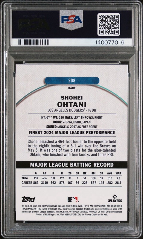 2025 Topps Finest Shohei Ohtani PURPLE Refractor Pop 12 Non Auto PSA 10 /75 view 2