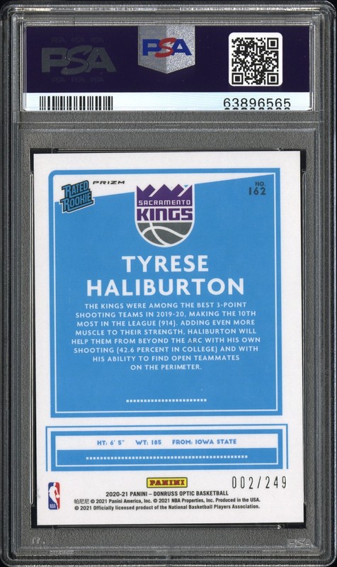 2020 Donruss Optic Tyrese Haliburton Premium 002/249 Rated Rookie RC #180 PSA 10 view 2