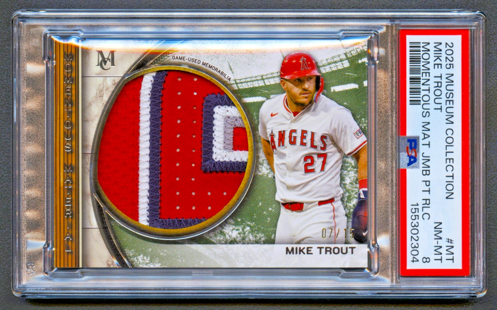 MIKE TROUT 2025 TOPPS MUSEUM MOMENTOUS MATERIAL ANGELS JUMBO PATCH /15 PSA 8 view 1