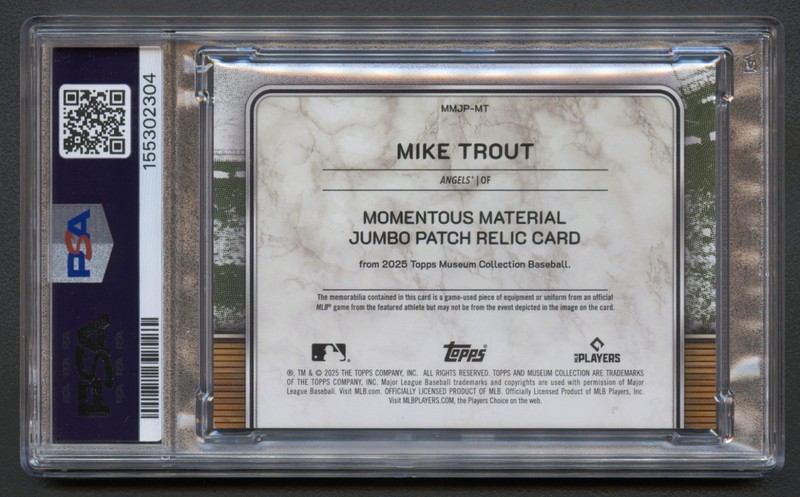 MIKE TROUT 2025 TOPPS MUSEUM MOMENTOUS MATERIAL ANGELS JUMBO PATCH /15 PSA 8 view 2