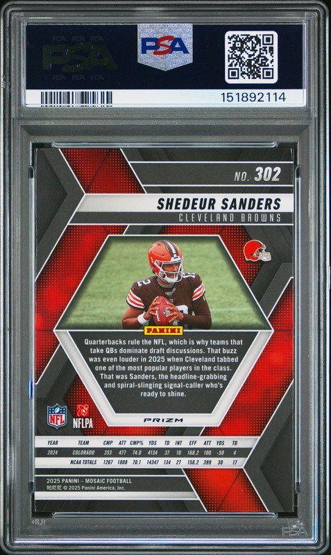 2025 PANINI MOSAIC REACTIVE PURPLE #302 SHEDEUR SANDERS PSA 10 view 2