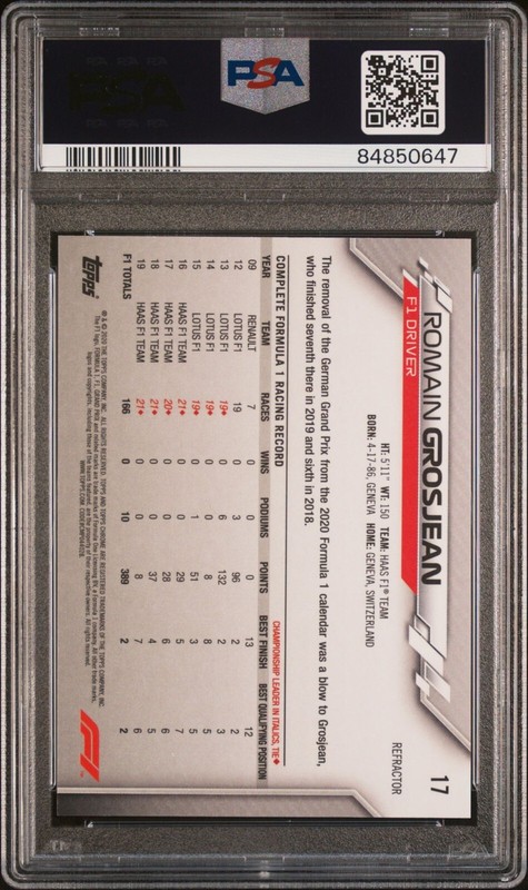 Romain Grosjean 2020 Topps Chrome Formula 1 Refractor PSA 10 #17 Rookie RC F1 view 2