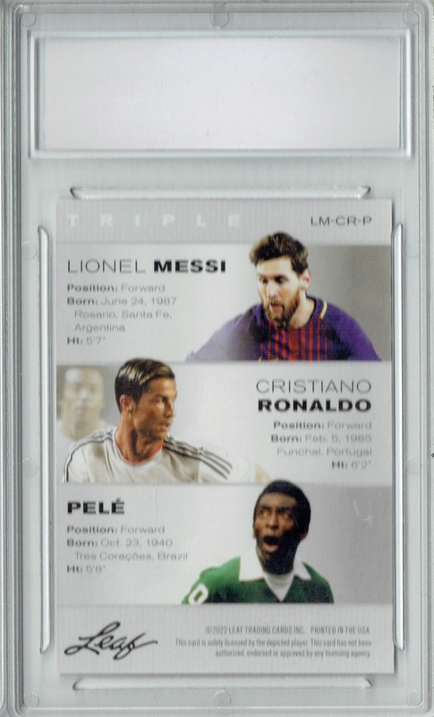 THE TRIPLE! Pele, Lionel Messi, Cristiano Ronaldo 2022 Leaf Legends Card PGI 10 view 2