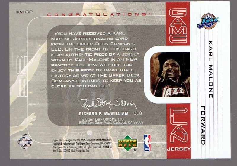 2002-03 Upper Deck Karl Malone Game Plan Worn Used Jersey Basketball Card view 2