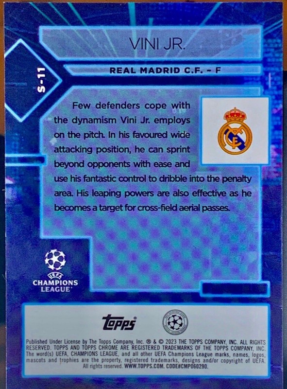 2022-23 Topps Chrome UEFA Vinicius Vini Jr. Specimen Orange Refractor SP view 2