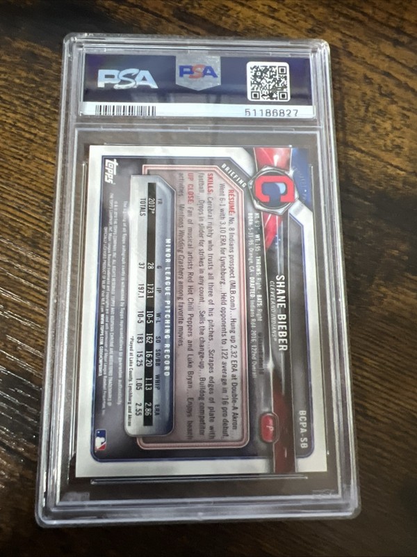 2018 Bowman Chrome - Prospect Autographs Shane Bieber #BCPA-SB RC PSA 10 view 2