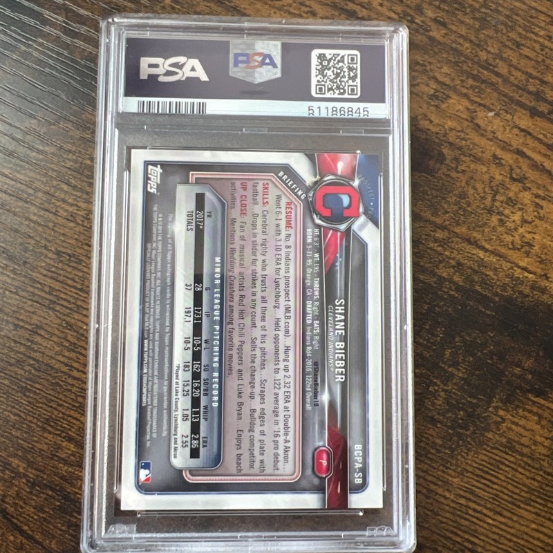 2018 Bowman Chrome - Prospect Autographs Shane Bieber #BCPA-SB RC PSA 10 view 2