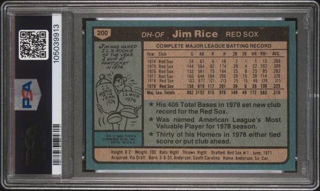 HIGH-END PSA 8 JIM RICE HOF 1980 TOPPS #200 GRADED NM-MINT VINTAGE CHERRY *TPHLC view 2