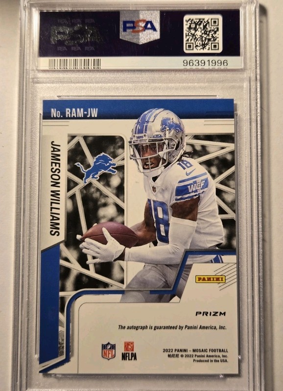 Jameson Williams 2022 Mosaic Rookie Autograph Mosaic RC Auto PSA 9  Lions view 2