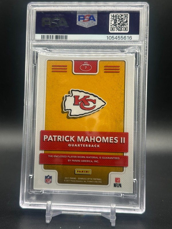 2017 PANINI DONRUSS OPTIC ROOKIE PHENOM PLAYER-WORN PATCH PATRICK MAHOMES PSA 8 view 2