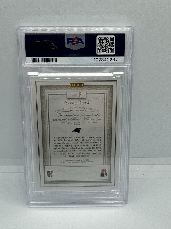 2014 Panini Flawless Patch Game Worn Jersey Panthers Cam Newton PSA 9 view 2