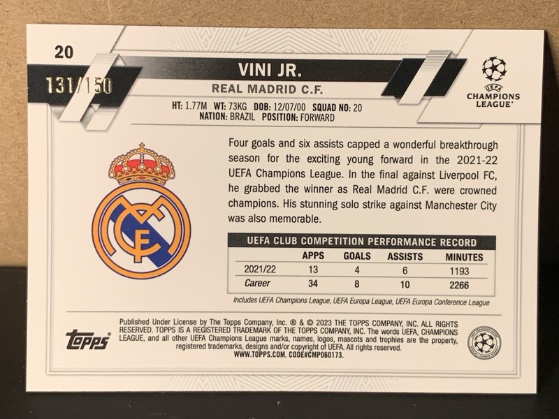 Vinicius Jr. 2023 Topps Chrome UEFA Blue Refractor 132/150 #20 Real Madrid view 2
