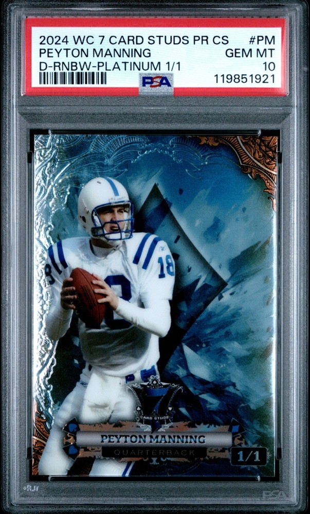 Peyton Manning 2024 Wild Card 7 Card Studs Platinum 1/1 Graded Card PSA 10