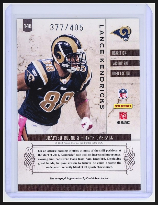 2011 Panini Plates & Patches #148 Lance Kendricks RC Auto /405 Rams view 2