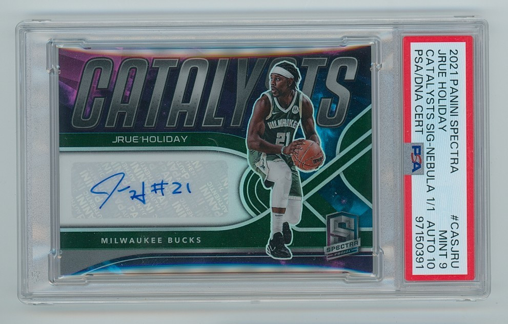 2021 -22 Panini Spectra Jrue Holiday Catalysts Nebula Prizm 1/1 Auto PSA 9
