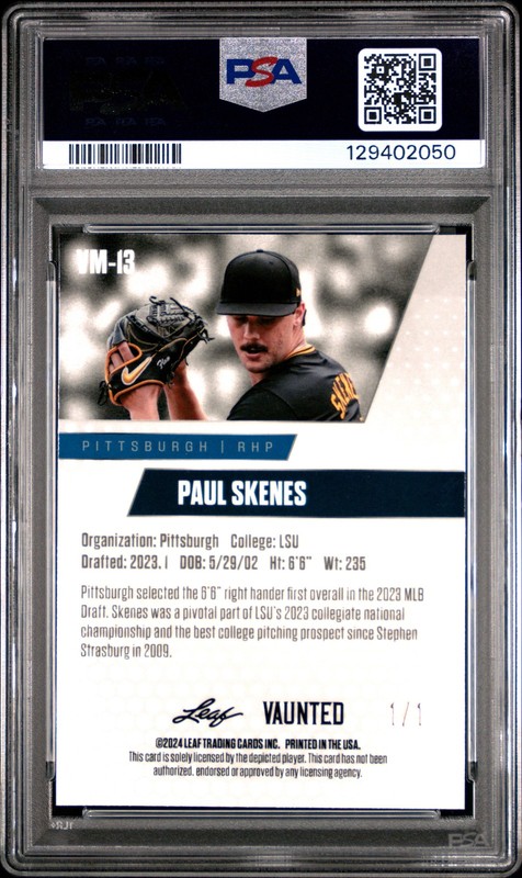 PSA 10 Paul Skenes 2024 Leaf Vaunted Metal #VM-13 Gold Superprismatic 1/1 Card view 2
