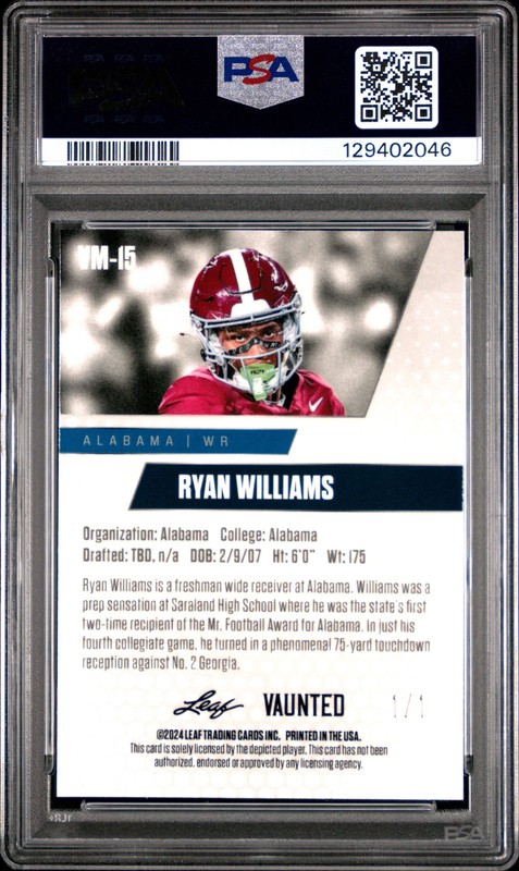 PSA 10 Ryan Williams 2024 Leaf Vaunted Metal #VM-15 Gold Superprismatic 1/1 Card view 2